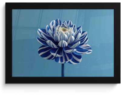 Poster in lijst - Fotolijst 30x20 cm - Posters - Bloem - Blauw - Bloemblaadjes - Streepjes - Posterlijst zwart - Decoratie - Wanddecoratie woonkamer - Muurdecoratie slaapkamer