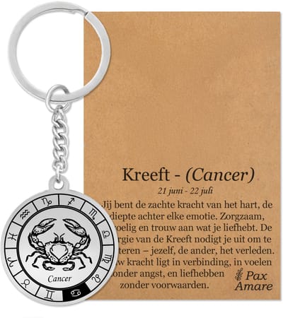 Sterrenbeeld Kreeft (Cancer) Sleutelhanger op Cadeau Kaartje – Spiritueel Cadeau van Roestvrij Staal – Zilverkleurig – Pax Amare