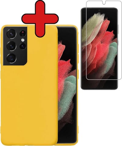Hoesje - Met Screenprotector - Geschikt voor Samsung Galaxy S21 Ultra - Sterk & Shockproof - Telefoon Hoes - Back Cover - Siliconen Case - Telefoonhoes - Geel