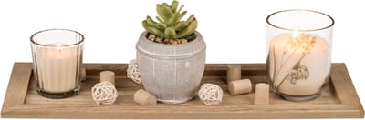 houten plankje met 2 kaarsen & kunstplatje met keramische pot Decoratie