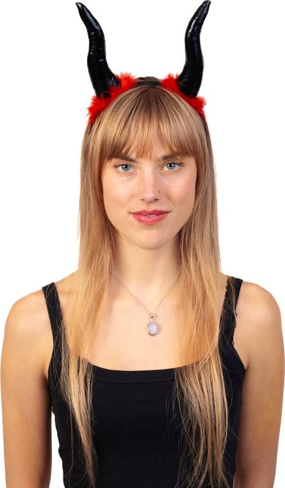 KIMU® Haarband Hoorns Zwart Rood Dons - Duivel Diadeem Halloween - Duiveltje Horror Lucifer Monster Draak Gewei Hert Geit Demoon Festival