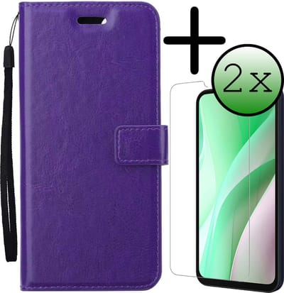 Hoesje Met 2x Screenprotector - Geschikt voor Samsung Galaxy A15 - Luxe Pasjeshouder - Bookcase Portemonee - Flip Case - Kunstleer Book Case - Flipcase Hoes - Book Cover - Walletcase - Portemonneehoes - Paars