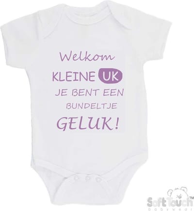 100% katoenen Romper "Welkom kleine uk, je bent een bundeltje geluk" Meisjes Katoen Wit/lila Maat 62/68