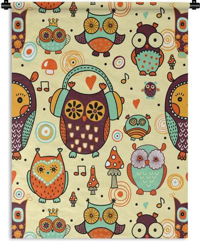 Wandkleed - Wanddoek - Uil - Koptelefoon - Patroon - 90x120 cm - Wandtapijt