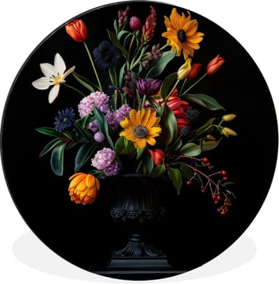 WallCircle - Wandcirkel - Muurcirkel - Zonnebloemen - Boeket - Kleurrijk - Aluminium - Dibond - 30x30 cm - Binnen en Buiten