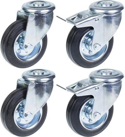 100 mm (4") rubberen zwenkwiel met rem, draaibaar, met een draagvermogen van 360 kg, set van 4