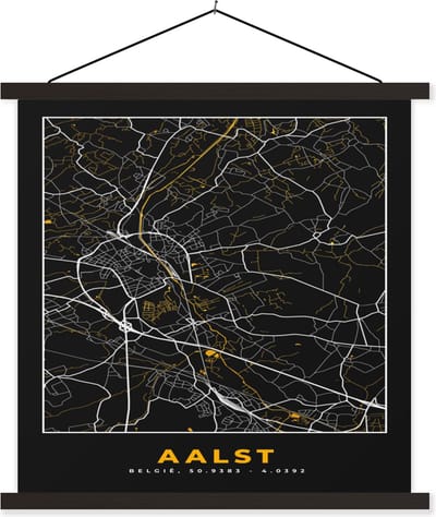 Posterhanger incl. Poster 60x60 cm - Schoolplaat - Aalst - Goud - Stadskaart - Plattegrond - Kaart - Textielposter - Zwarte latten - Stadskaart