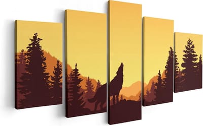 Artaza Canvas Schilderij Vijfluik Silhouet Van Een Wolf In Het Bos - Abstract - 100x50 - Foto Op Canvas - Canvas Print