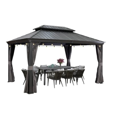 PURPLE LEAF Hardtop Aluminium Tuinpaviljoen – Dubbel dak – Hoogwaardige Gordijnen – Wind- en weerbestendig – Luxueus Grijs – Met Sfeerverlichting