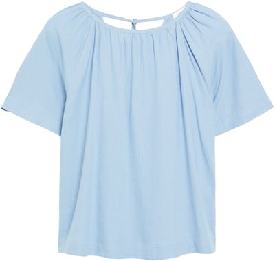 Vrouwelijke Blouse met Korte Mouwen van Gemengd Linnen met Rimpeling en Versierd met een Strik s.Oliver