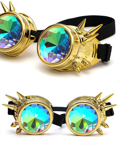 KIMU® Goggles Steampunk Bril Met Spikes - Goud Montuur - Caleidoscoop Glazen - Gouden Spacebril Space Caleidoscope Holografisch Festival