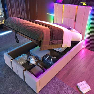 MEUNIQ gestoffeerd opklapbed 90x200 cm met opbergruimte, LED-verlichting, USB en Type-C, lattenbodem, eenpersoons bedframe voor slaapkamer, beige
