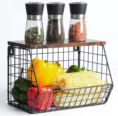GELLDG Fruit- en groentemand - Stapelbaar - Aan de muur te bevestigen fruit- en groentemand - met haken - Metaal - Keukenopbergrek - Geschikt voor keuken, woonkamer en badkamer - Zwart