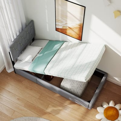STILVORA Gestoffeerd Bed 90x200 - Eenpersoonsbed - Opbergbed Met Hydraulische Ruimte - Modern Design - Lichtgrijs