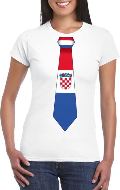 Wit t-shirt met Kroatische vlag stropdas dames - Kroatie supporter S