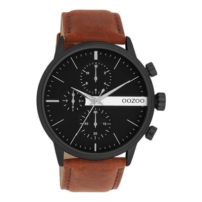 OOZOO Timepieces - Zwarte OOZOO horloge met bruine leren band - C11223