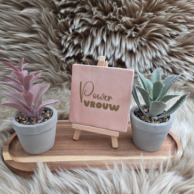 Robuust Wenstegeltje - Powervrouw – Luxe Cadeautegel met Tekst – Perfect Cadeau voor verjaardagen, vriendinnen, collega’s of als motivatie voor jezelf - Trendy nu – 10X10 – Decoratief Tegeltje met Standaard – Cadeau Idee