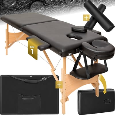 tectake® 2-zone-massagetafel - Draagvermogen tot 250 kg - Mobiele massagebank - Set met rolkussens - Houten frame - Behandelbank - Inclusief draagtas - Cosmetische stoel - In hoogte verstelbaar - Afmeting (LxBxH) 210x95x62 - 84 cm - Zwart