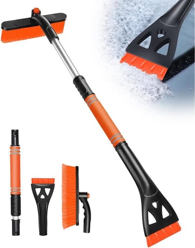 GELLDG 3-in-1 Auto-ijskrabber - 80 cm lang - Telescopische autosneeuwborstel - Met 360° draaibare borstelkop en schuimrubberen handvat - Autoreinigingsborstel en sneeuwborstel - Geschikt voor auto's, kamperen en tuinen - Oranje