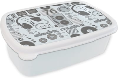 Broodtrommel Wit - Lunchbox - Brooddoos - DJ - Koptelefoon - Vintage - Tekening - Design - 18x12x6 cm - Volwassenen