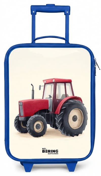 NoBoringSuitcases.com® - Kinderkoffer blauw - Kindertrolley jongen - Tractor - Getekend - Rood - Koffer kind lichtgewicht - Reiskoffer trolley voor kinderen - Koffertje met lichtgevende wieltjes - Rolkoffer