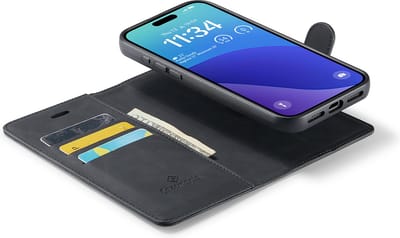 CaseMania Bookcase hoesje geschikt voor iPhone 16 Pro - Effen Zwart - Kunstleer - 2-in-1 Magnetisch Uitneembaar Design