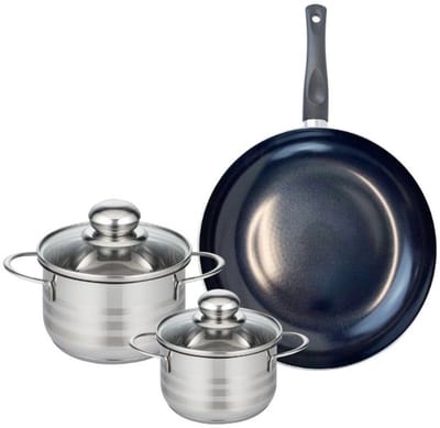 Set van 1 Koekenpan 24 cm en 2 kookpotten 12 en 14 cm Elo Prima Glanzend
