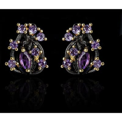 Boucles d'oreilles fleur en zircon violet pour femmes, élégantes, classiques, noires et dorées black
