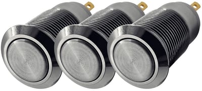 ProRide Mini Pulsschakelaar Normally Open - 12mm Metaal - 12V/24V - Platte Knop - Zilver - 3 stuks