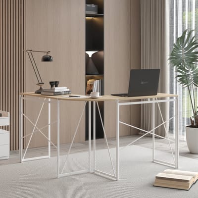 FloraGrace Hoekbureau - L-Vormig Bureau Met Ruim Werkblad - Voor Thuiskantoor En Studiehoek - MDF En Metaal - 118x118x74,5 cm - Hout