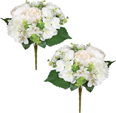 Louis Maes kunstbloemen boeket roos/hortensia - 2x - creme/wit - H39 cm - Bloemstuk - Bladgroen