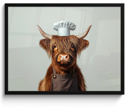Poster in lijst - Fotolijst 70x50 cm - Posters - Schotse Hooglander - Bruin - Hoorns - Kokskleding - Posterlijst zwart - Decoratie - Wanddecoratie woonkamer - Muurdecoratie slaapkamer