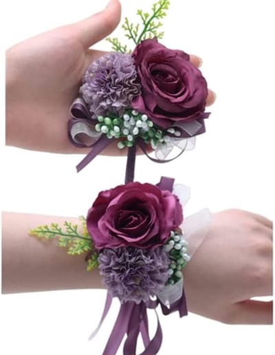 Roze Bloem Corsage en Boutonniere Set voor Bruiloft en Prom, Diep Paarse Rozen met Witte Accenten