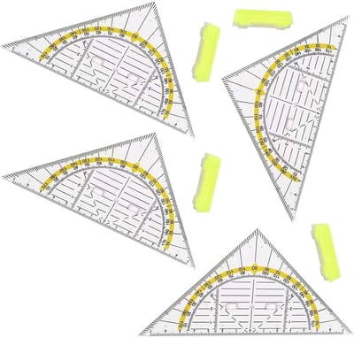 TOVBMUP 4 Stuks Geodriehoek met Handgreep - Transparant Kunststof Winkelmeter - 15,7 cm Tekendriehoek - Geschikt voor School en Technisch Tekenen - Incl. Lineaal en Gradenboog - Duurzaam Plastic