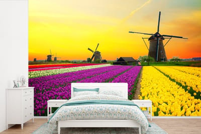 Behang - Fotobehang Windmolen - Tulpen - Bloemen - Lente - Breedte 390 cm x hoogte 260 cm