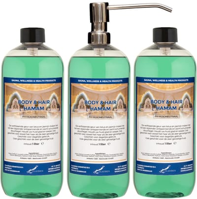 Body & Hair Hamam 1 liter met RVS zilverkleurige pomp - set van 3 stuks - 2 in 1 voor lichaam en haar - voordeelverpakking