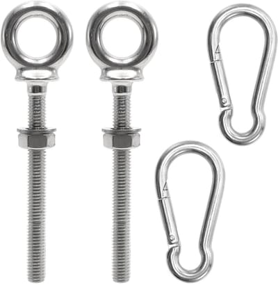 roestvrij staal, M8 x 80 mm, schroefhaken met moer en sluitringen, metrische schroefdraad, oogschroeven met karabijnhaak voor bevestiging en ophanging, 2 stuks
