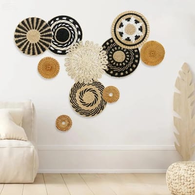 Boho Wandmanden 10 stuks, rotan muurdecoratie ronde, handgemaakte hangende ronde Boheemse mand muurkunst set voor boerderij hangende geweven manden voor woonkamer rieten muurkunst rustieke