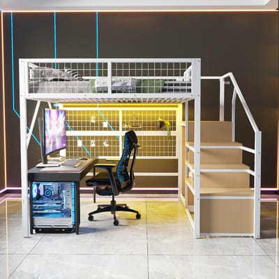 VVBV Stapelbed 140x200 cm - Opbergruimte, App-bediening, Kledingkast, Trap/Ladder, Voor Kinderen/Tieners - Metaal Wit