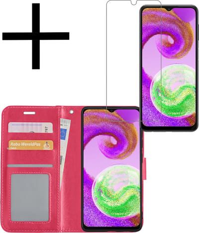 Hoesje - Met Screenprotector - Geschikt voor Samsung Galaxy A04s - Luxe Pasjeshouder - Bookcase Portemonee - Flip Case - Kunstleer Book Case - Flipcase - Book Cover - Walletcase - Portemonneehoes - Donkerroze
