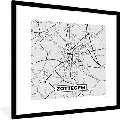 Fotolijst incl. Poster Zwart Wit- Zwart Wit – België – Plattegrond – Stadskaart – Kaart – Zottegem - 40x40 cm - Posterlijst
