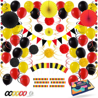 Fissaly 111 Stuks België Versiering Set – Rode Duivels Decoratie Zwart, Geel & Rood – Thema Feest – Verjaardag