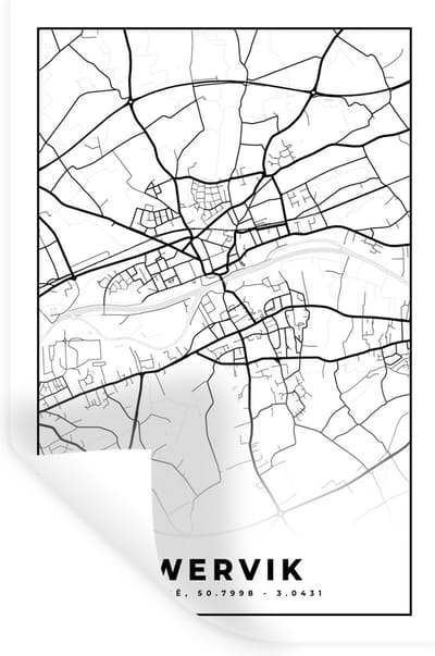 Muurstickers - Sticker Folie - België – Wervik – Stadskaart – Kaart – Zwart Wit – Plattegrond - 20x30 cm - Plakfolie - Muurstickers Kinderkamer - Zelfklevend Behang - Zelfklevend behangpapier - Stickerfolie