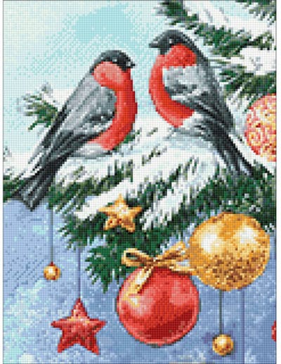 Wizardi Diamond Painting Kit Bullfinches and Christmas tree WD3040