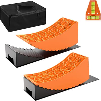 Wiltec oprijblok voor camper set van 2, ronde wig 42,4 x 17 x 17,4 cm, wielkeg 20,7 x 17 x 9,6 cm, nivelleerwig caravan van HDPE incl. rubberen mat & transporttas