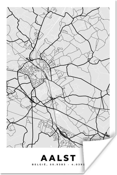 Poster Zwart Wit – België – Plattegrond – Stadskaart – Kaart – Aalst - 120x180 cm XXL