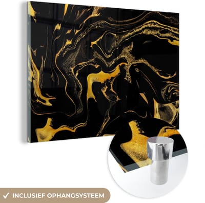 MuchoWow® Glasschilderij 60x40 cm - Schilderij acrylglas - Patronen - Verf - Goud - Zwart - Foto op glas - Schilderijen