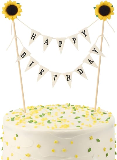 Birthday Cake Bunting Topper, Handgemaakte Verjaardagstaart Topper Slinger Gepersonaliseerde Wimpel Vlaggen met Zonnebloem Houten Pole Mini Happy Birthdays Banner voor Verjaardagen Feest