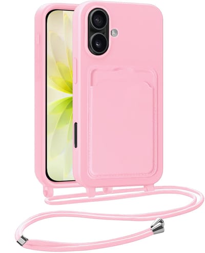 Hoesje Geschikt voor iPhone 17 Telefoonhoesje Met Koord Case Pashouder Siliconen - Hoes Geschikt voor iPhone 17 Hoesje Met Kaarthouder - Lichtroze