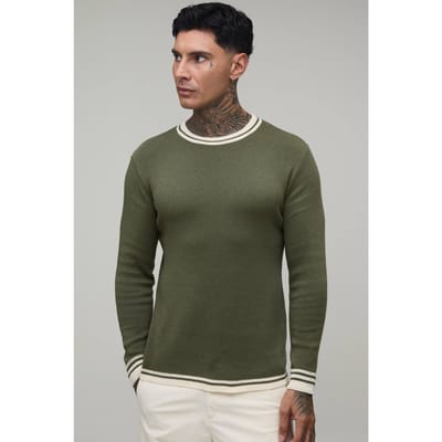Lang Muscle Fit Gebreid T-shirt Van Katoenmix Met Contrasterende Afwerking | Olive | Size XL